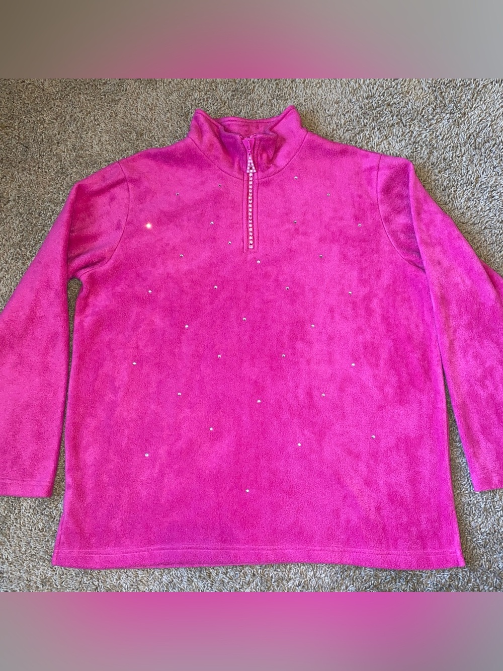 Quacker Factory 1/4 Zip Fleece Pullover Sz L Pink Barbiecore Rhinestone Bling